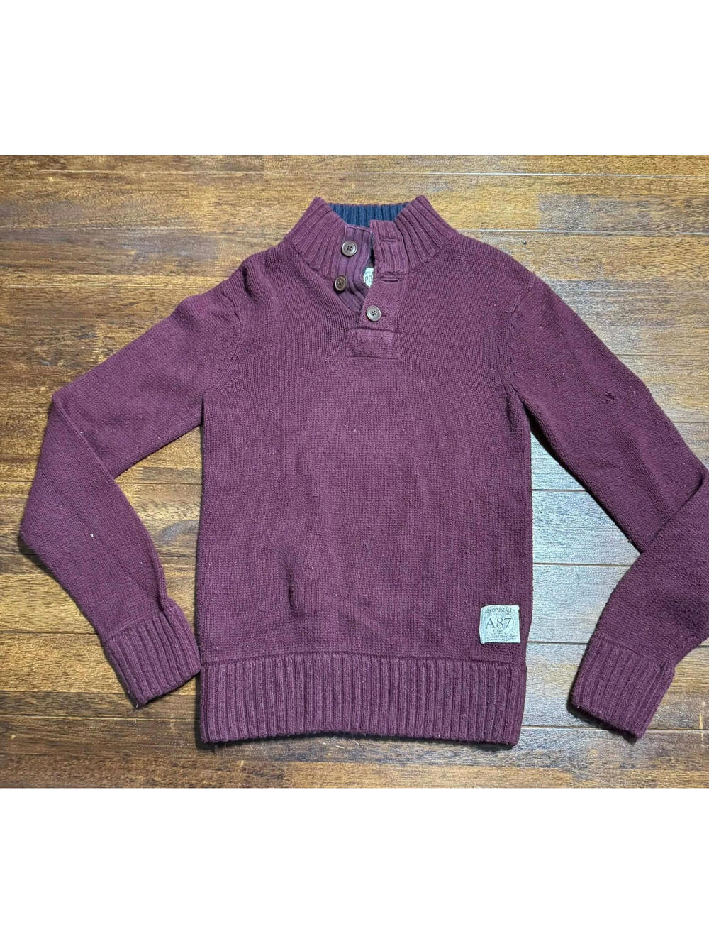 Aeropostale Men's 3 Button Mockneck Long Sleeve Sweater Burgundy Size X-Small